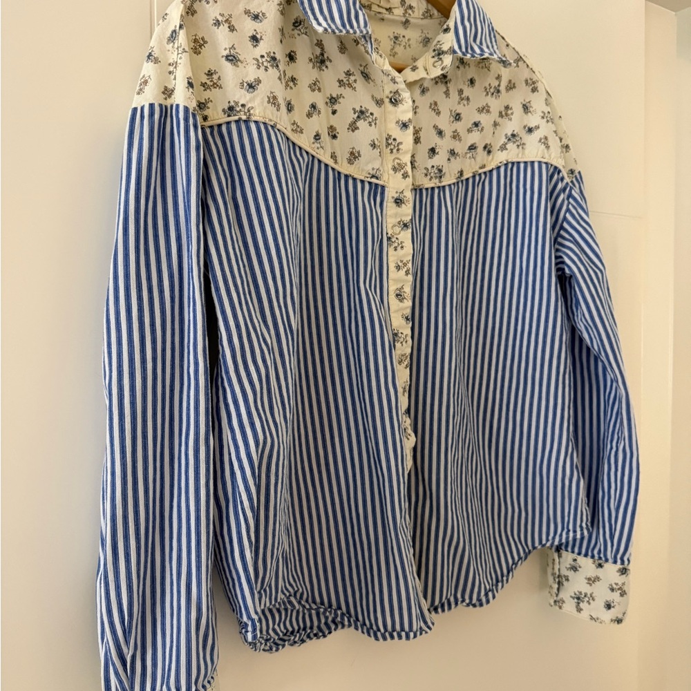 ADORA Blue & Cream Striped and Floral Button-Down Shirt - Picture 5 of 13
